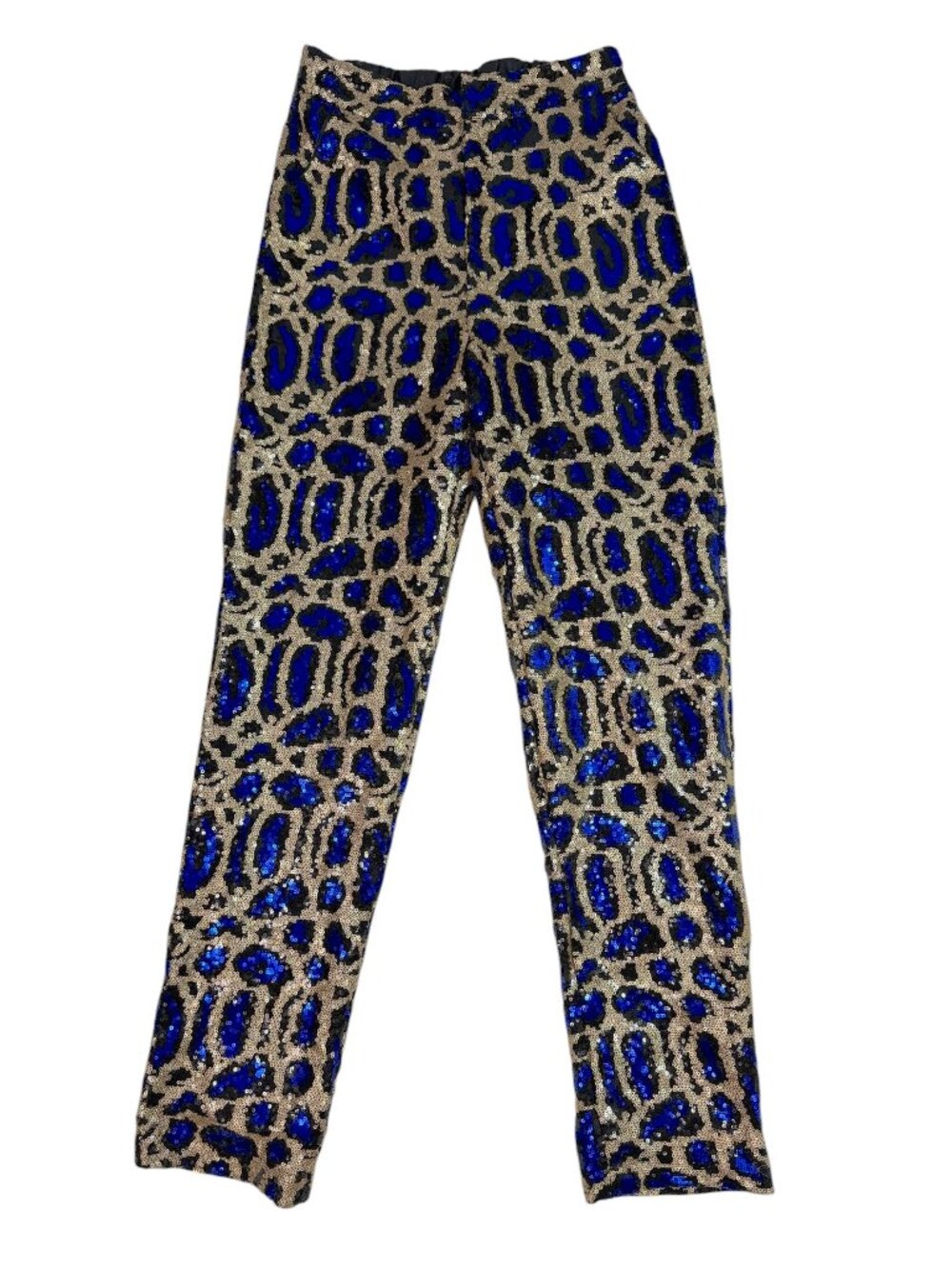 Love Highlight Sequin Pants in Cobalt Blue & Gold Animal Pattern $165 Size Small